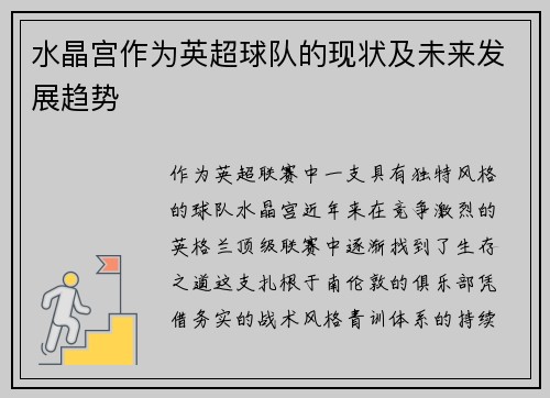 水晶宫作为英超球队的现状及未来发展趋势